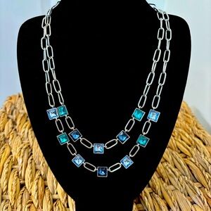 NWOT Chicos silver necklace with beautiful blue green purple crystals